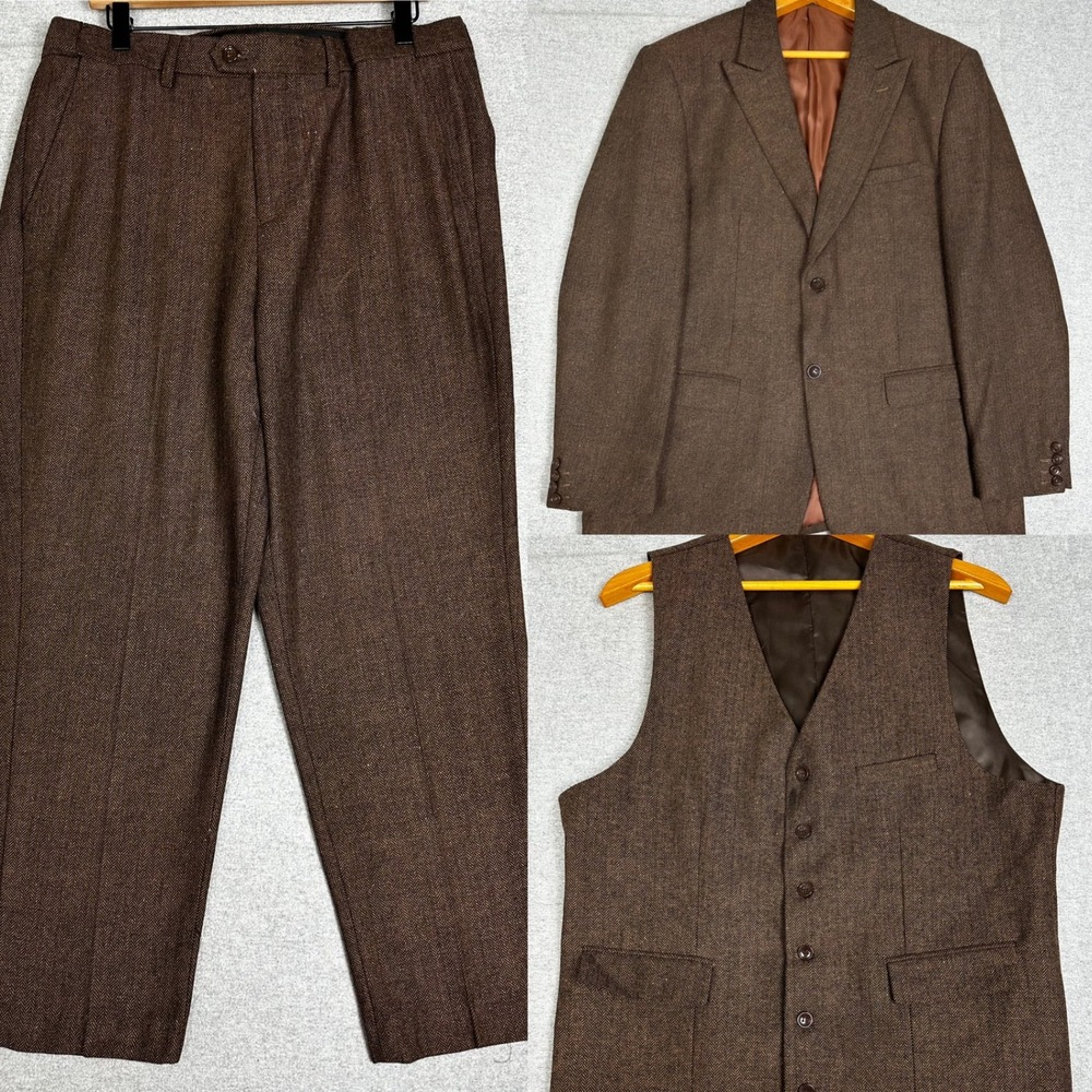 3 Piece Tweed Suit Jacket Vest Pants 42 34x27 Copper Brown Herringbone Wool